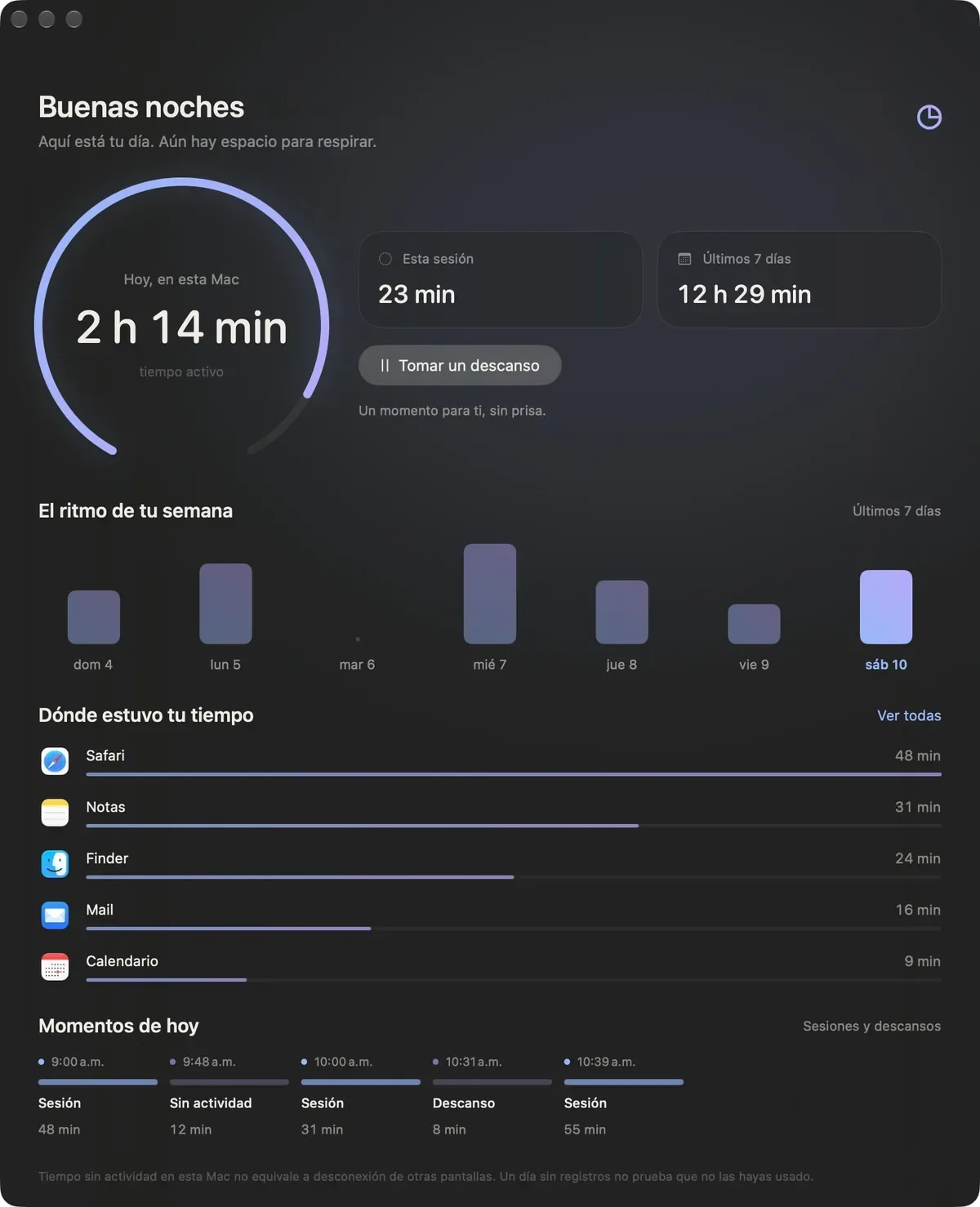 Hoy y semana de Sereno con el material translúcido de macOS 14 y 15. Datos de ejemplo.