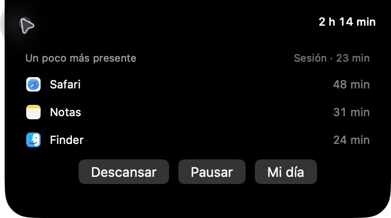 Notch de Sereno al pasar el mouse: sesión de 23 minutos, Safari, Notas, Finder y las acciones Descansar, Pausar y Mi día. Datos de ejemplo.