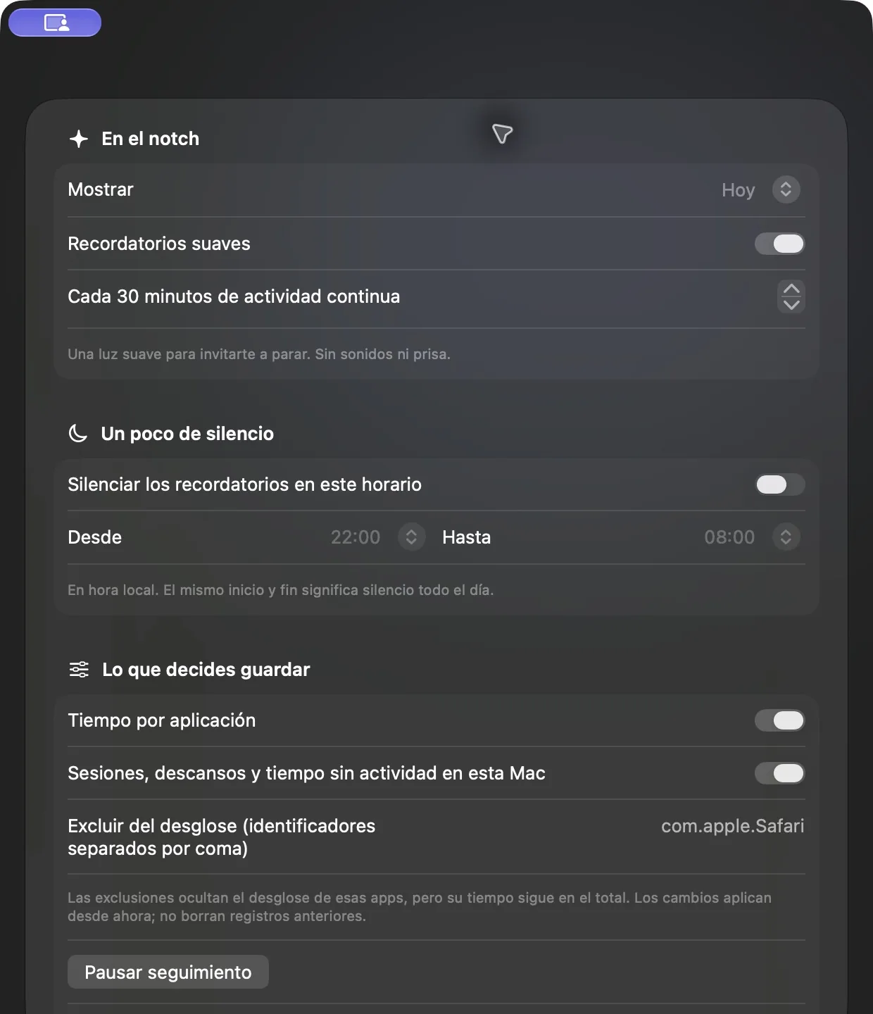 Preferencias de Sereno en oscuro: qué muestra el notch, recordatorios suaves, horario de silencio y exclusiones del desglose.