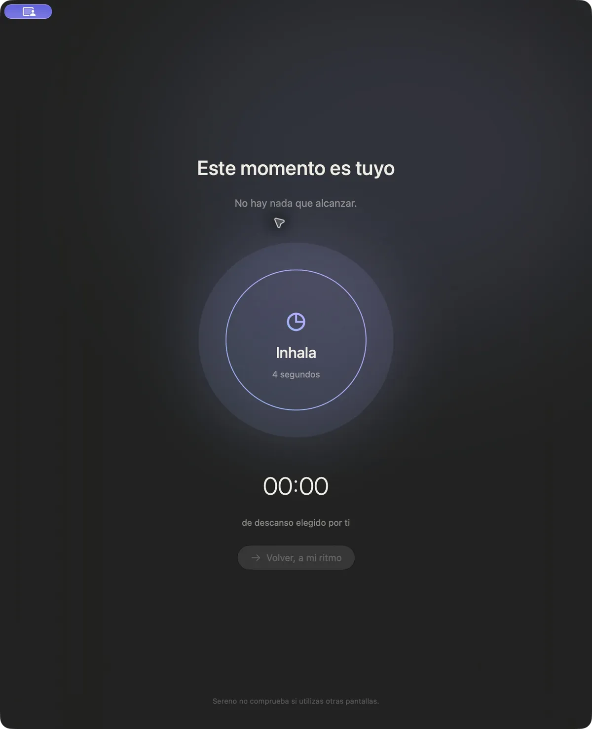 Vista de descanso guiado de Sereno, en oscuro: Este momento es tuyo e inhalar 4 segundos. Datos de ejemplo.